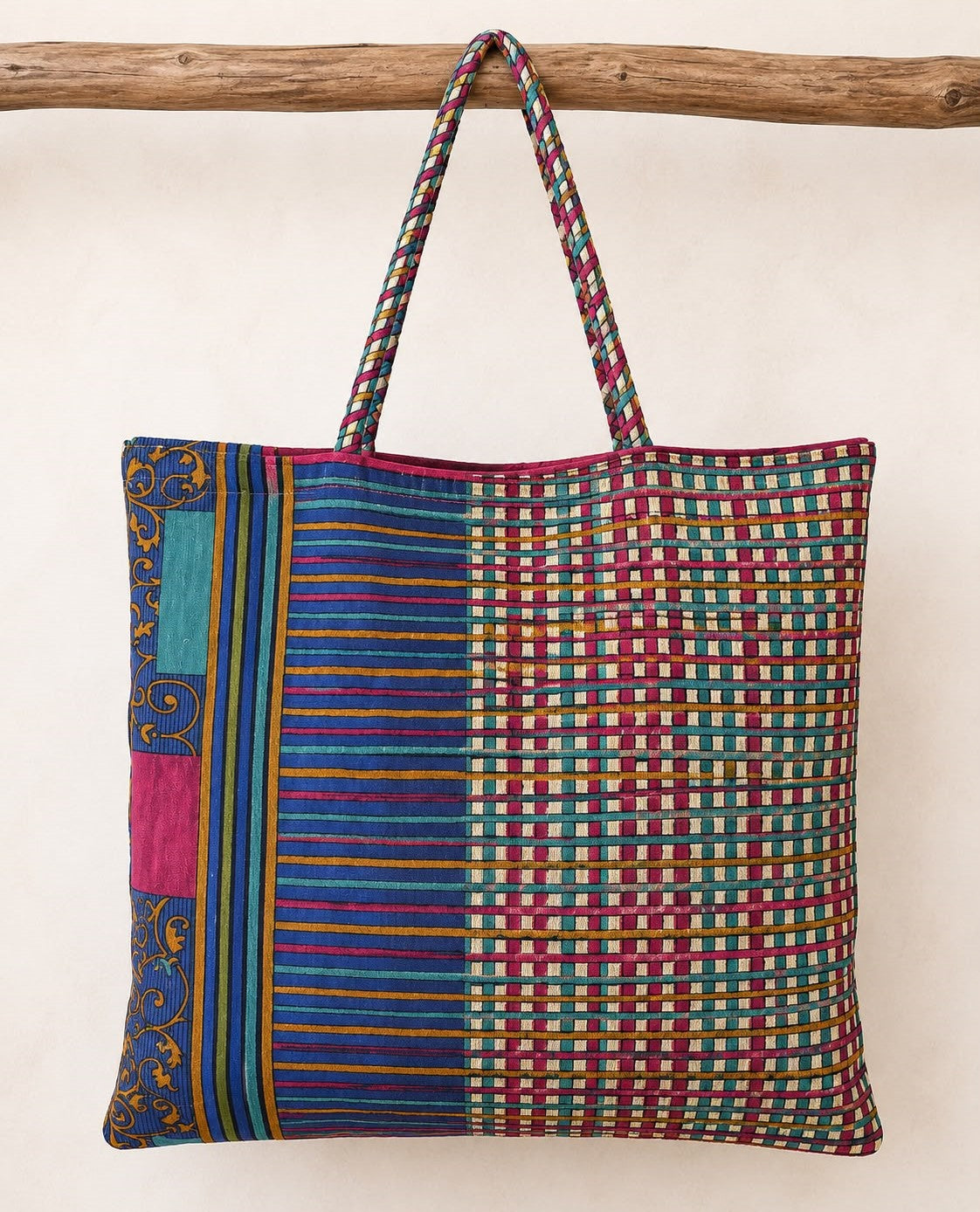 Ishani Handmade Silk Boho Tote Bag – Multicoloured Stripe