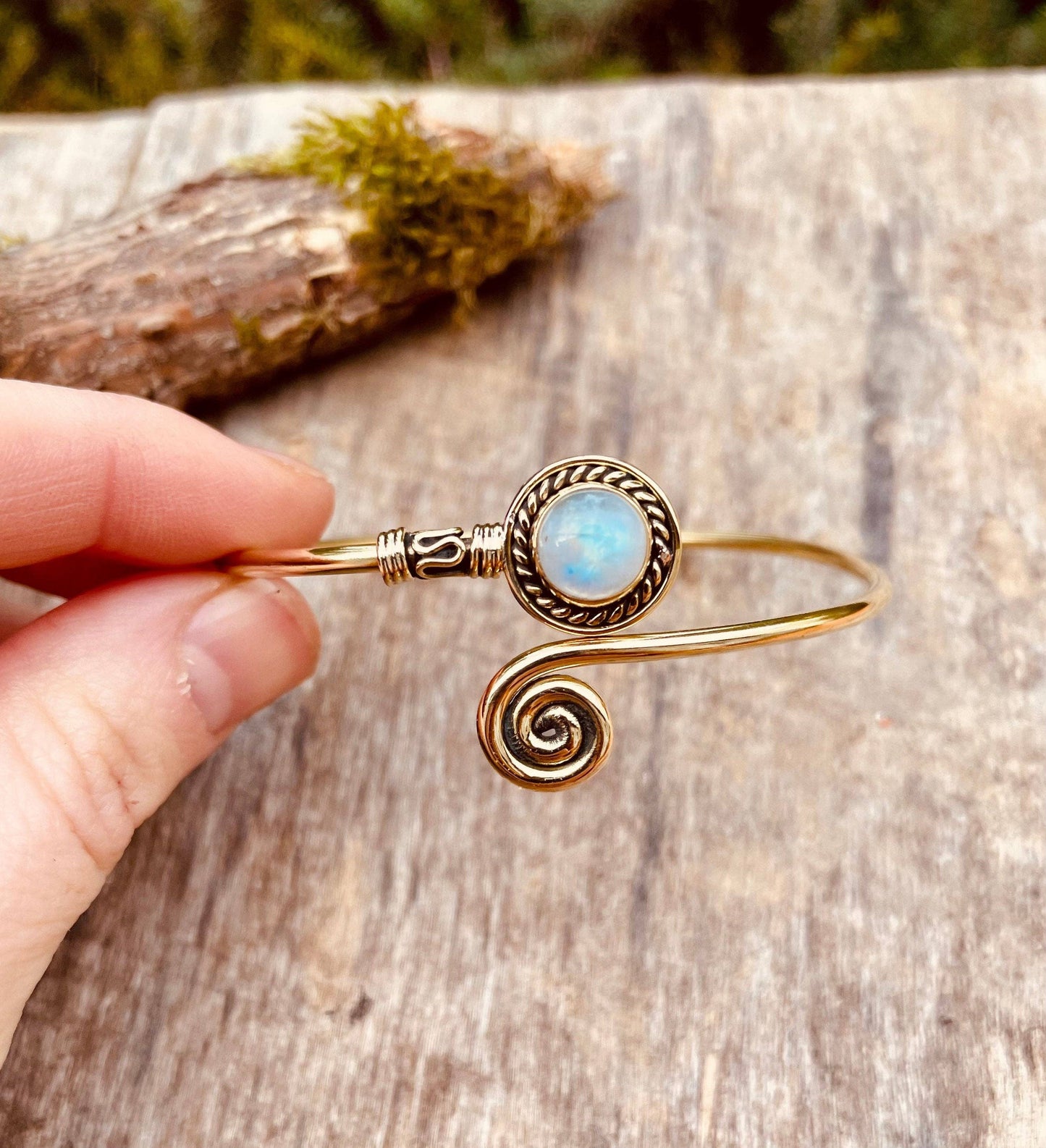 Golden Moonstone Bracelet / Brass / Adjustable / Spiral / Ethnic / Rustic / Bohemian  / Boho /
