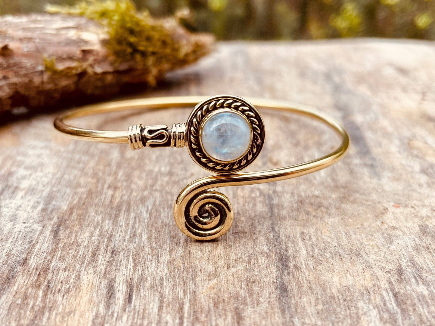 Golden Moonstone Bracelet / Brass / Adjustable / Spiral / Ethnic / Rustic / Bohemian  / Boho /