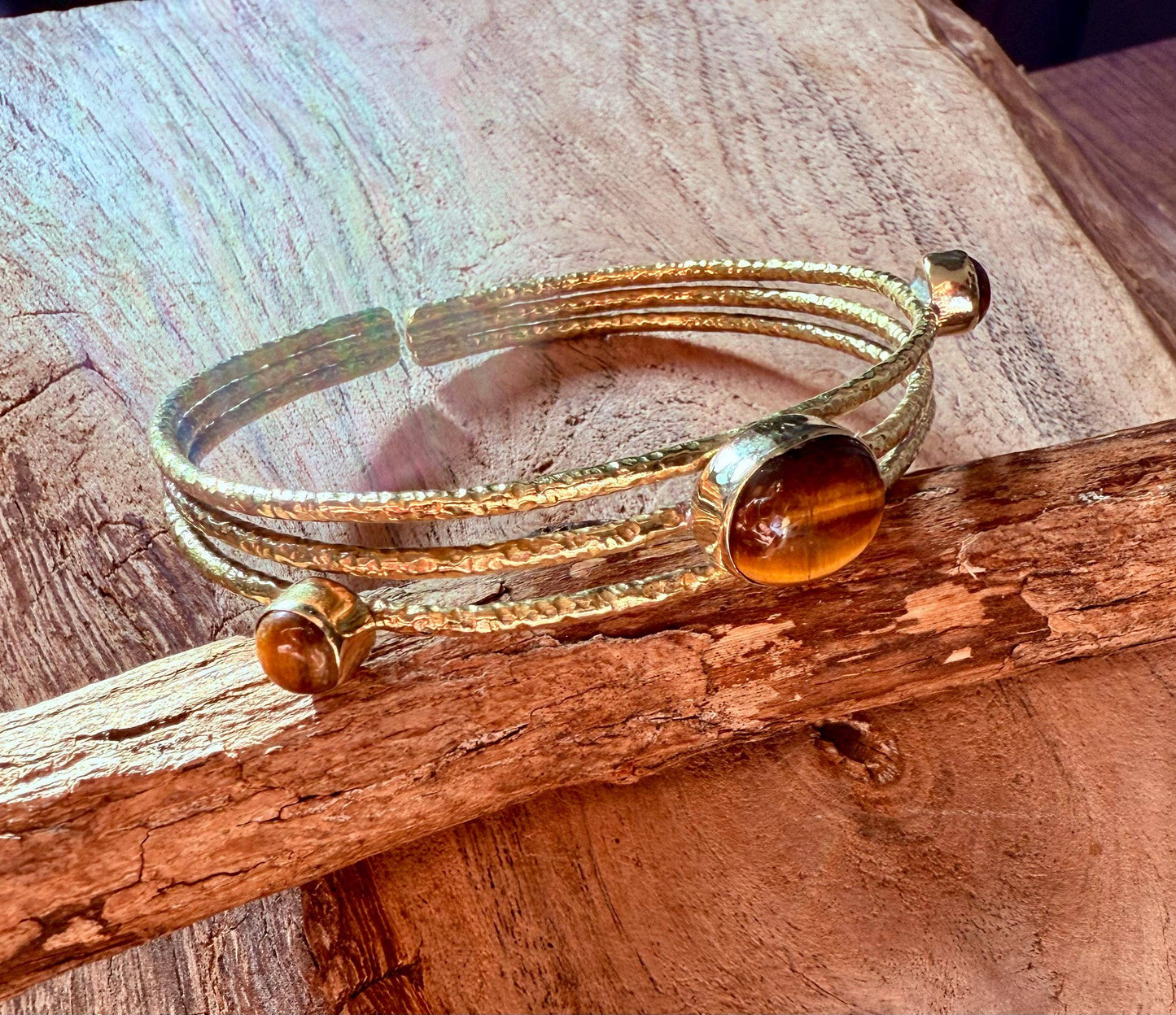 Tripe Stone Tiger's Eye Hammered Brass Bracelet / Adjustable / Bohemian Jewellery / Ethnic  / Boho / Gift for Her / Artisanal