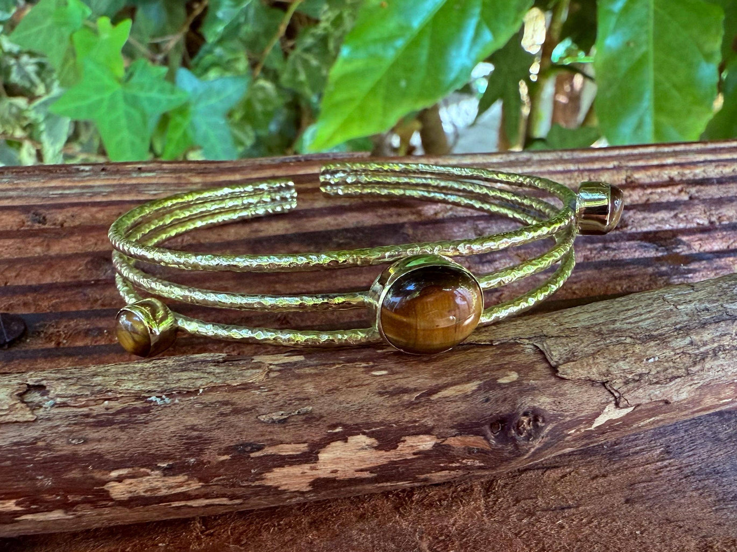 Tripe Stone Tiger's Eye Hammered Brass Bracelet / Adjustable / Bohemian Jewellery / Ethnic  / Boho / Gift for Her / Artisanal