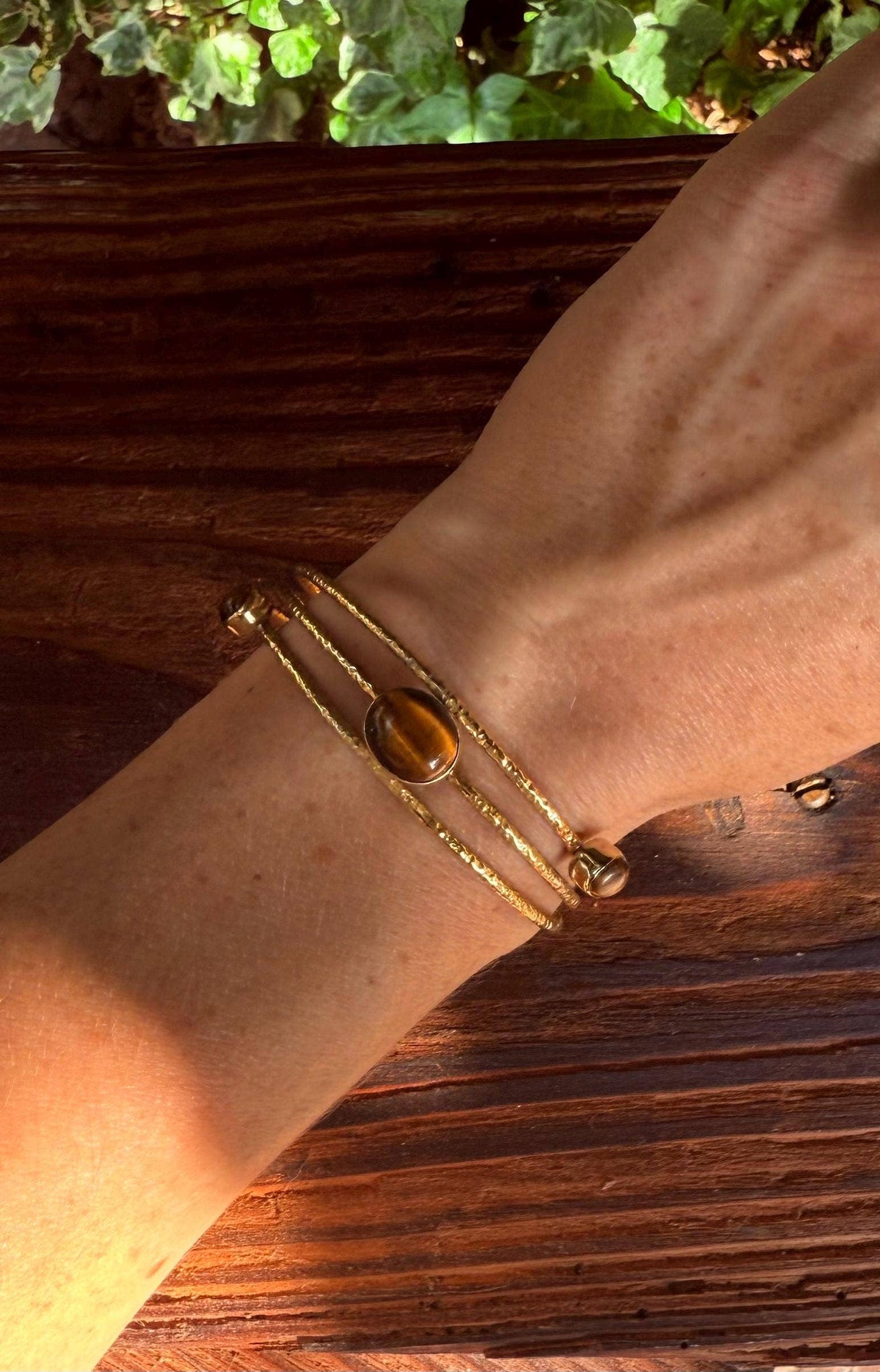 Tripe Stone Tiger's Eye Hammered Brass Bracelet / Adjustable / Bohemian Jewellery / Ethnic  / Boho / Gift for Her / Artisanal