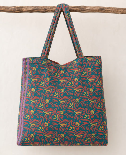 Avani Handmade Silk Boho Tote Bag – Teal Botanical