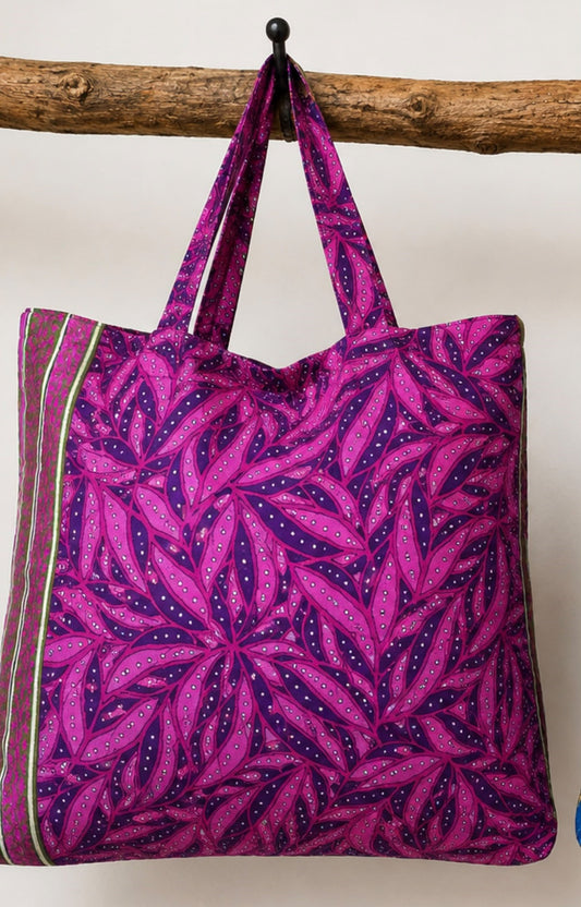 Diya Handmade Silk Boho Tote Bag – Pink Leaf Print