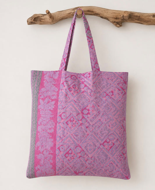 Ishani Handmade Silk Boho Tote Bag – Pink Geometric