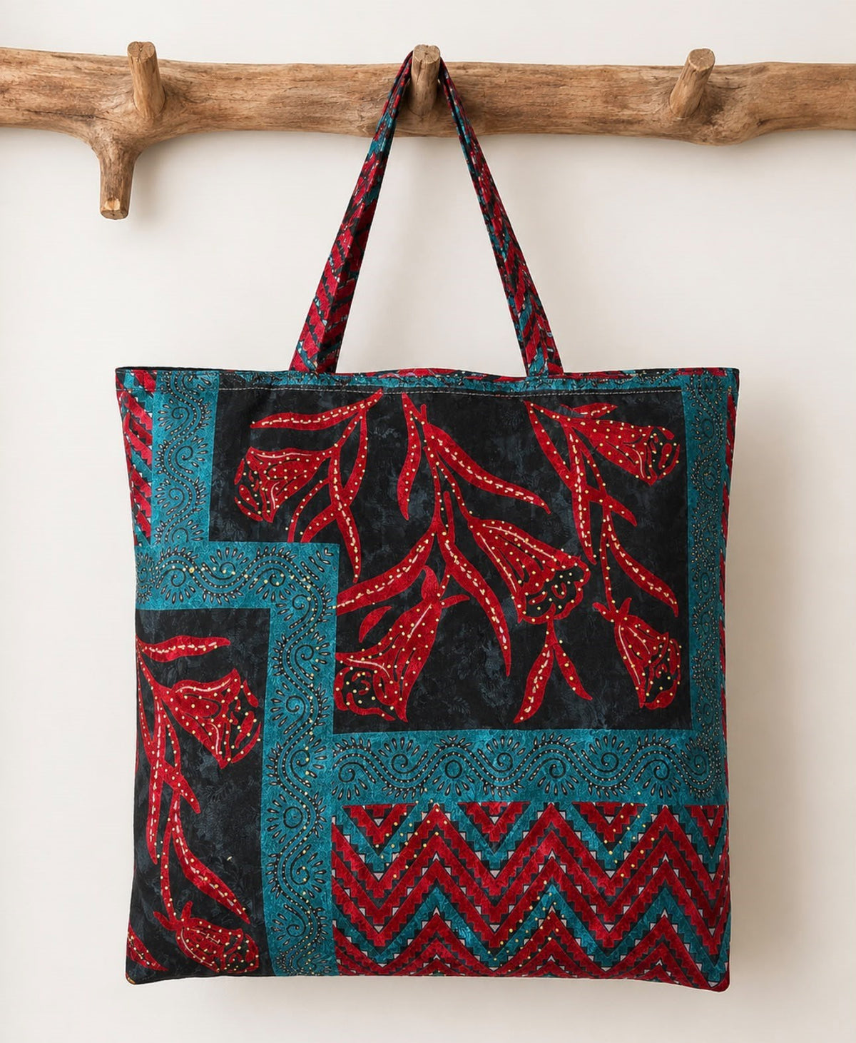 Meera Handmade Silk Boho Tote Bag – Red & Turquoise Floral