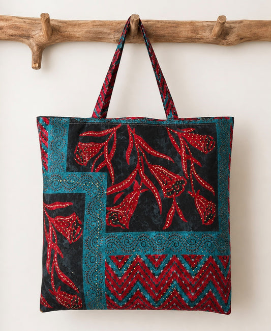 Meera Handmade Silk Boho Tote Bag – Red & Turquoise Floral