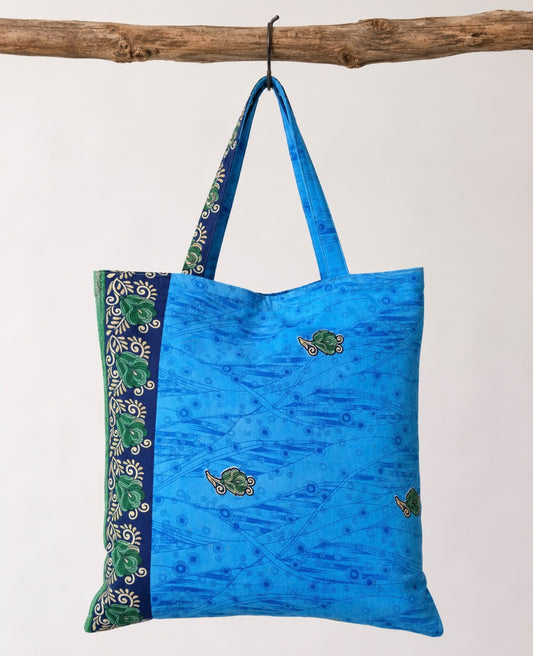 Neela Handmade Silk Boho Tote Bag – Blue & Green Paisley