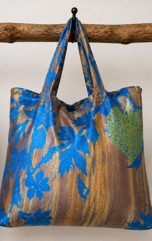 Nisha Handmade Silk Boho Tote Bag – Blue Floral