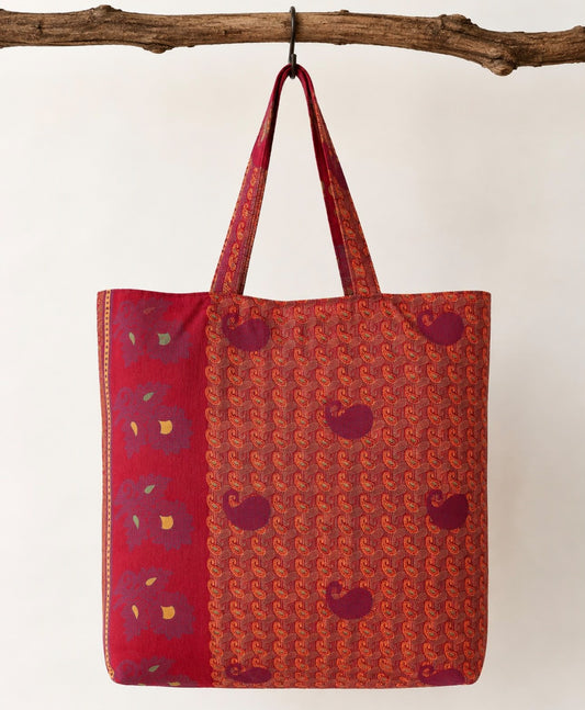 Priya Handmade Silk Boho Tote Bag – Red & Orange Paisley