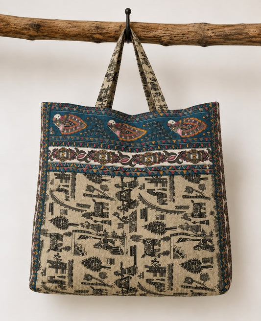 Saanvi Handmade Silk Boho Tote Bag – Folk Print
