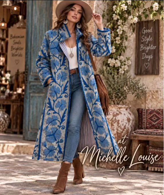 Sienna Blue Embroidered Full-Length Boho Coat