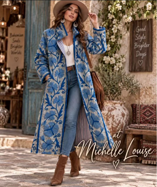 Sienna Blue Embroidered Full-Length Boho Coat