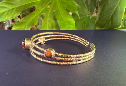 Tripe Stone Tiger's Eye Hammered Brass Bracelet / Adjustable / Bohemian Jewellery / Ethnic  / Boho / Gift for Her / Artisanal