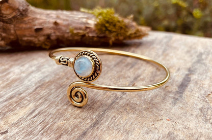 Golden Moonstone Bracelet / Brass / Adjustable / Spiral / Ethnic / Rustic / Bohemian  / Boho /