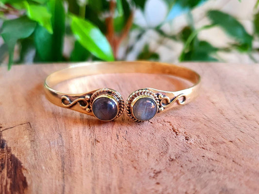 Labradorite Bracelet Boho Bangle / Brass / Ethnic / Rustic / Bohemian / Hippie / Gypsy / Psy / Chic / Jewellery / Body / Adjustable