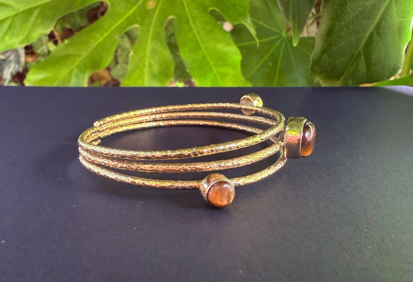 Tripe Stone Tiger's Eye Hammered Brass Bracelet / Adjustable / Bohemian Jewellery / Ethnic  / Boho / Gift for Her / Artisanal